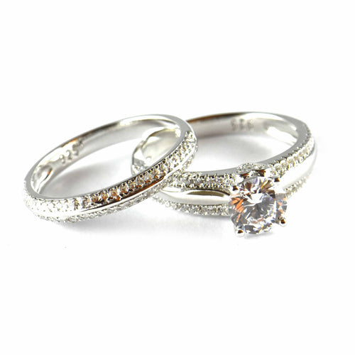 Two piece silver wedding ring with CZ