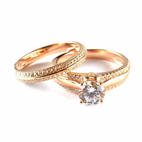 Two piece silver wedding ring with CZ & pink gold plating
