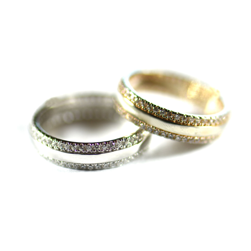 Up & down full of CZ silver couple ring with pink gold plating