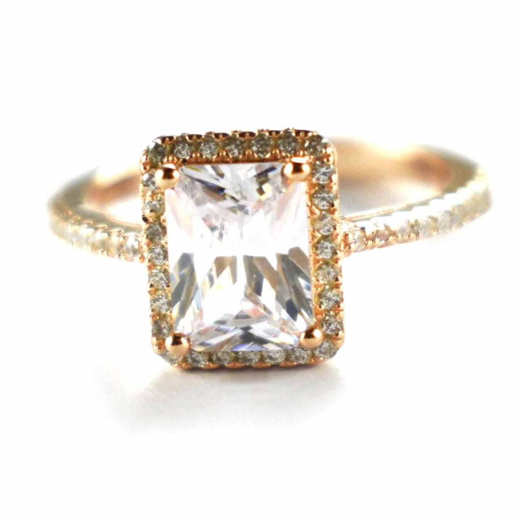 Wedding silver ring with rectangle white CZ & pink gold plating