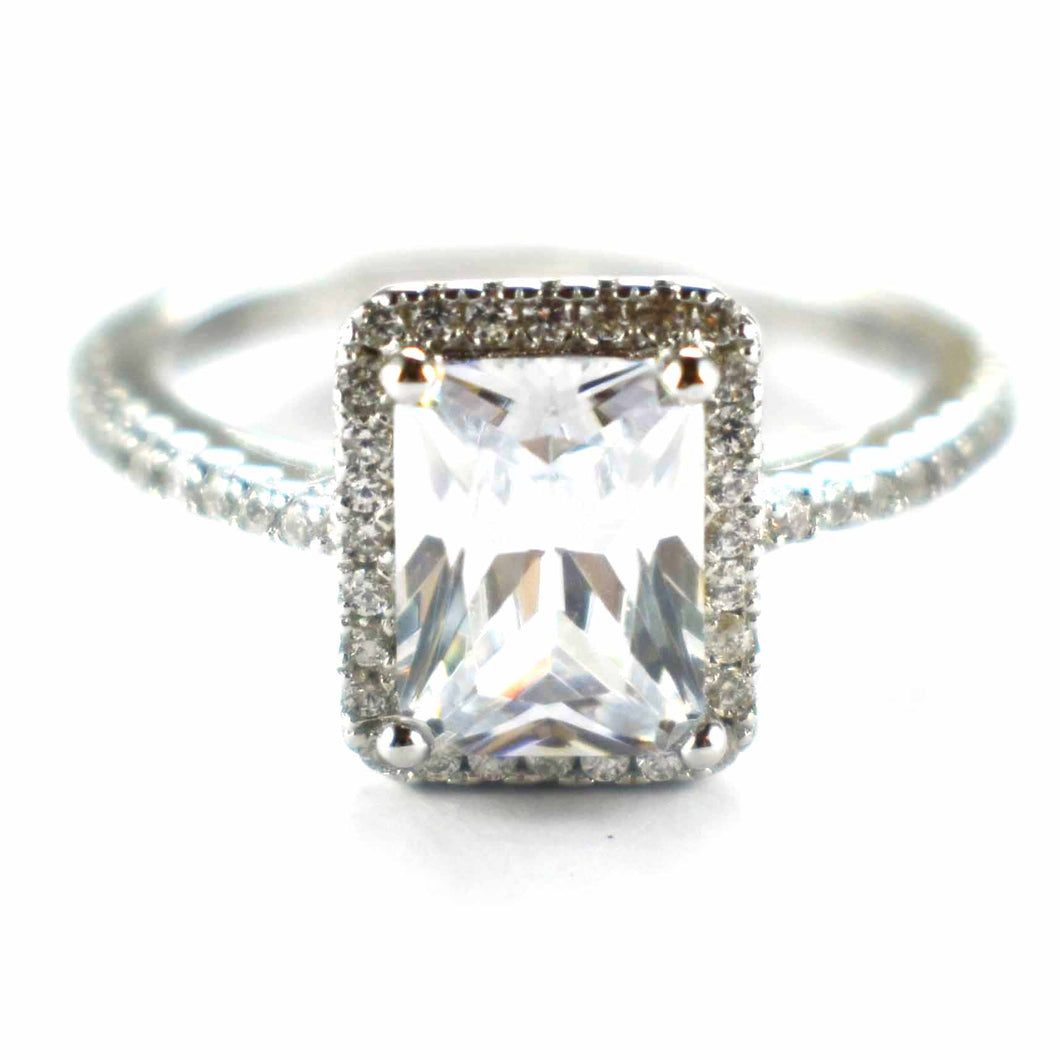 Wedding silver ring with rectangle white CZ & platinum plating