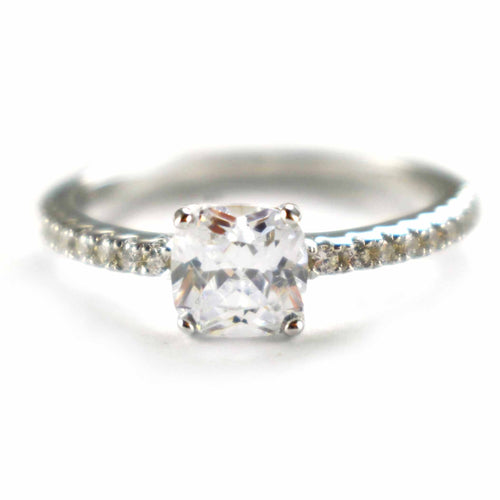 Wedding silver ring with square CZ & platinum plating