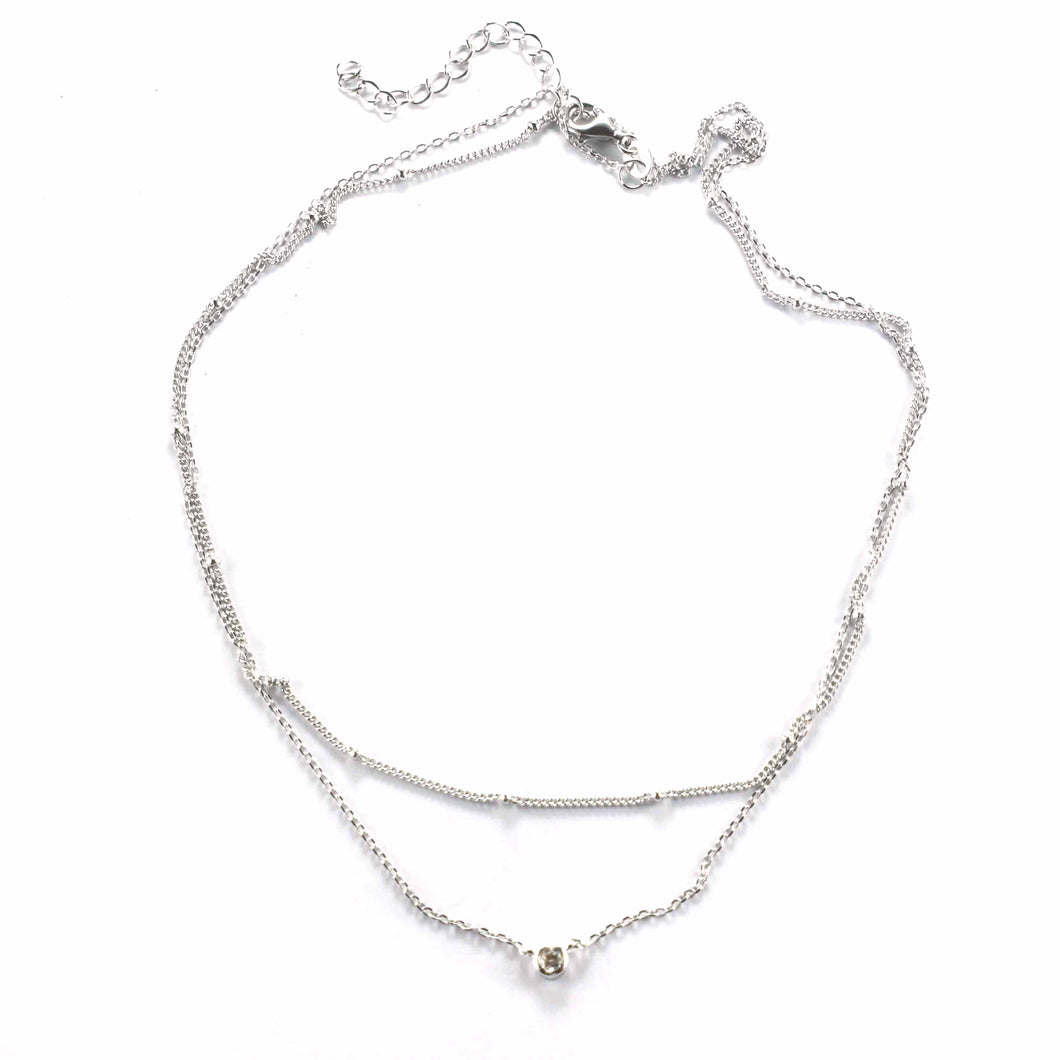 White CZ silver necklace with small ball chain