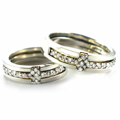 White CZ with cross pattern silver couple ring