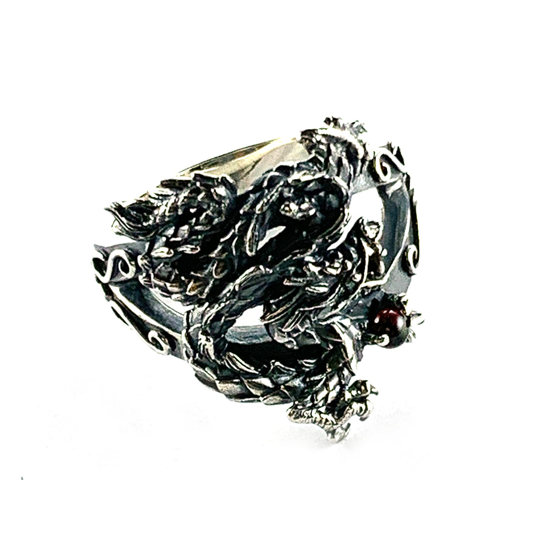 Whole dragon silver ring with garnet