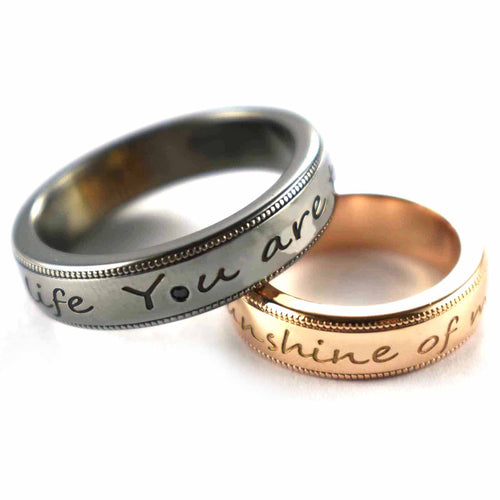 You are the sunshine of my life silver couple ring with pink gold & black rhodium