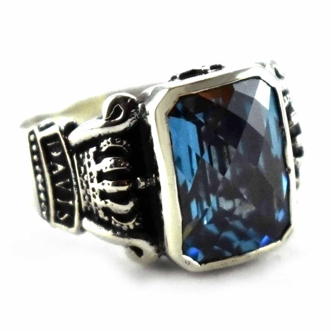 blue cubic zirconia with crown pattern silver ring