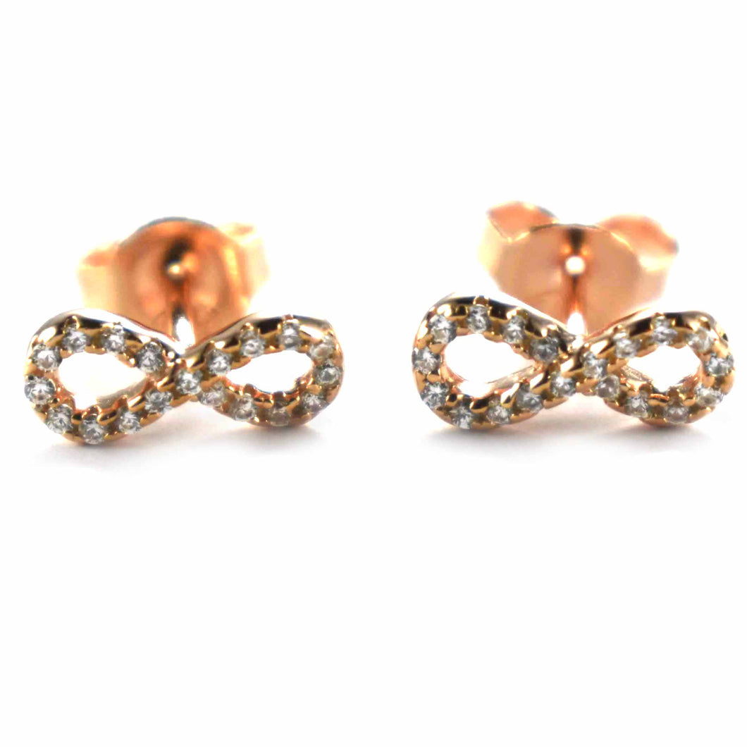 Infinity symbol silver earring with white CZ & pink gold plating
