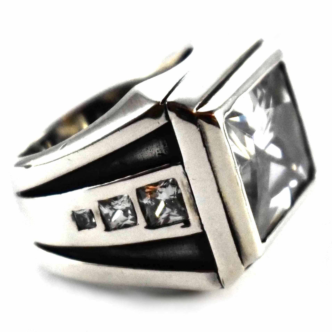 Square pattern with rectangle white cubic zirconia silver ring